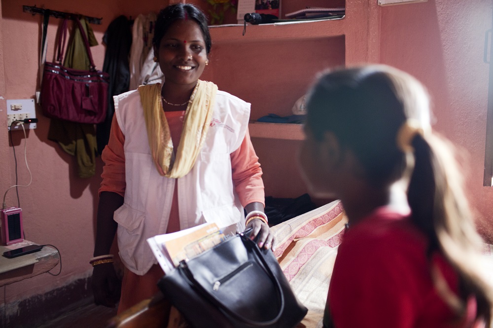 MSF Health Worker Subhashini gets ready for her day’s work in the morning at her home outside Chakradharpur town.
