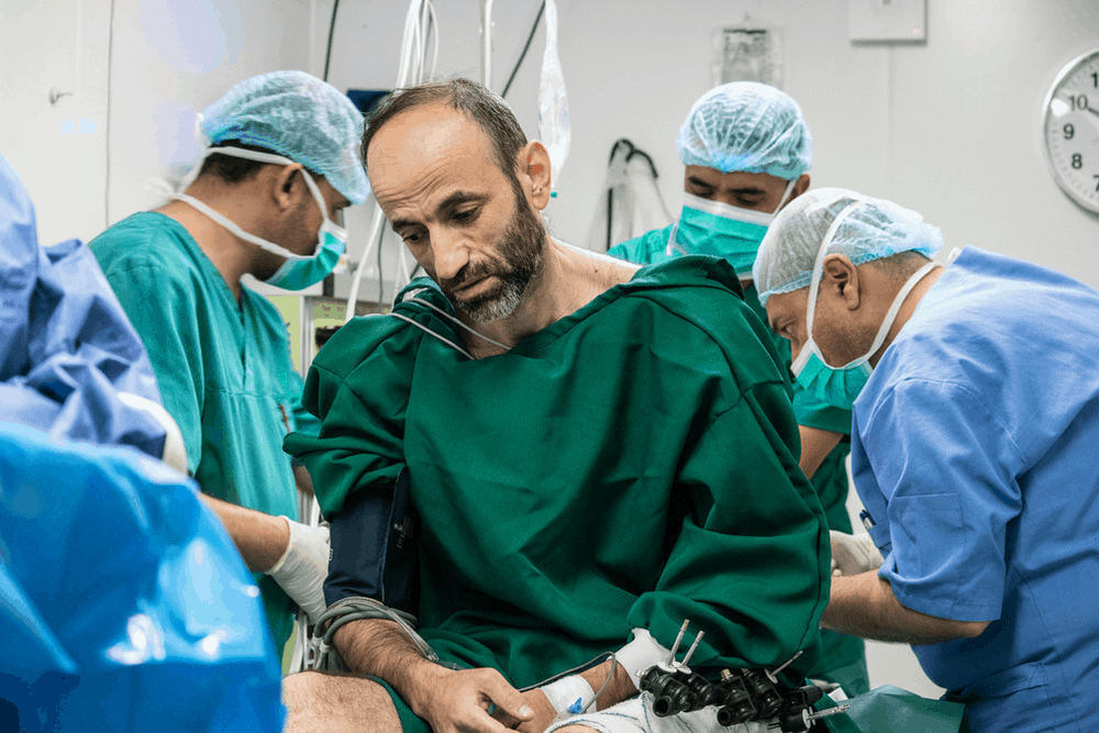 Nashwan, 42, is prepared for surgery at MSF’s post-operative care facility in east Mosul, Iraq.