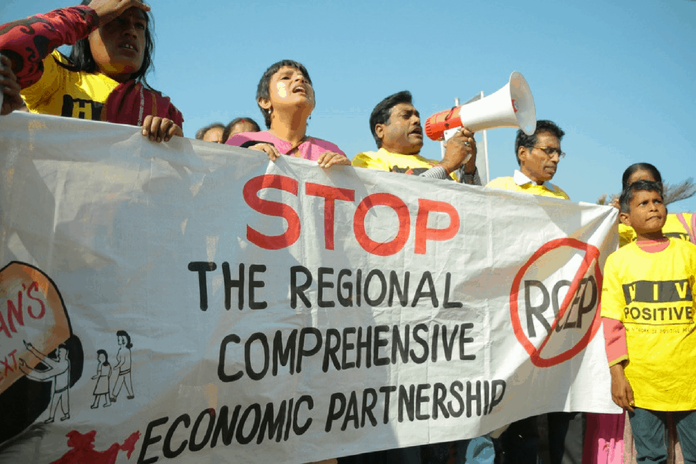 File photo of a civil society demonstration during the sixth round of negotiations for the Regional Comprehensive Economic Partnership (RCEP). 