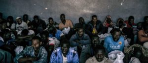 Men detained in Abu Salim detention centre. Detainees spend days and months in Libyan detention centres, without knowing when they will be released. Photo: Guillaume Binet/Myop