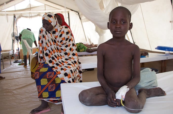 A child from Muna Camp, undergoing treatment, at MSF’s Cholera Treatment Unit in Dala, Maiduguri. Children, especially if they are undernourished are at a greater risk of death, if infected by cholera. Photo: Nitin George/MSF