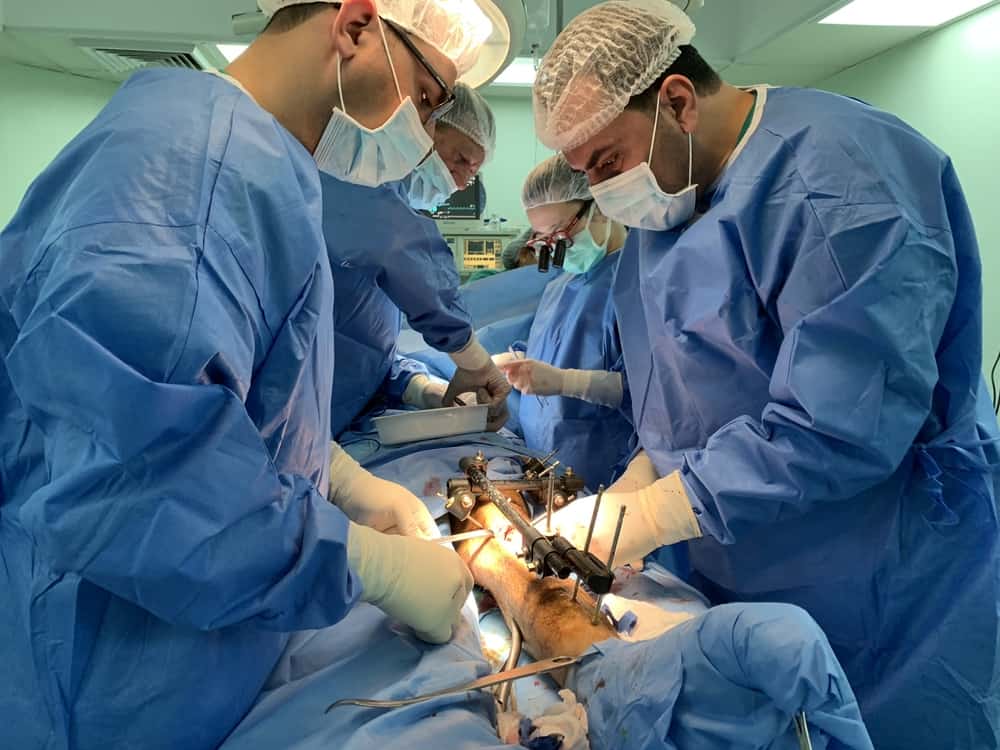MSF surgeons Hiroko Murakami and Mohammed Obaid work to remove a small piece of Yousri’s* hip so that it can be used to fill a gap in a bone in his leg. He was shot by the Israeli army during protests in Gaza in July 2018. Al-Awda Hospital. JACOB BURNS/MSF