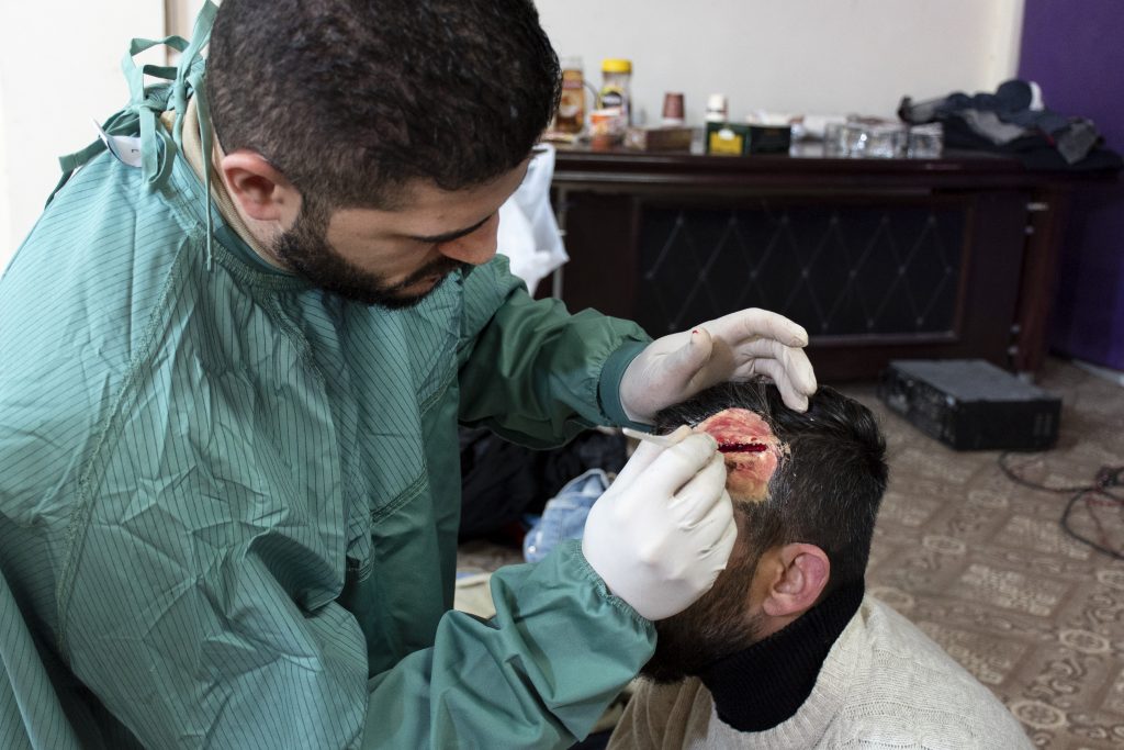 A volunteer being prepared to act as a simulated patient for a mass casualty simulation, in Al-Hakim General Hospital at Najaf governorate, Iraq. February 2020.
©MSF/HASSAN KAMAL AL-DEEN