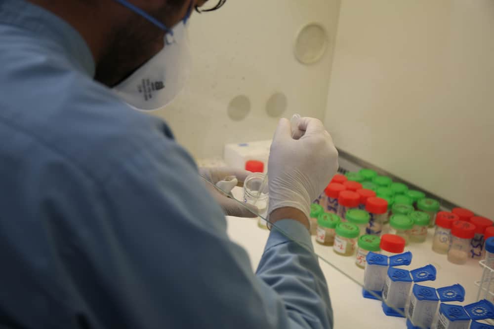 An MSF technician tests samples in the laboratory of the Médecins Sans Frontières (MSF) drug-resistant tuberculosis (DR-TB) hospital in Kandahar city, Kandahar Province, Afghanistan.