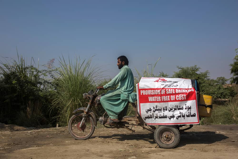Muhammad Shareef, a water supplier at WATSAN moves after filling his water tanks to supply water in to the flood camps in Garhi Khairo is a Town and Tehsil in Jacobabad District Sindh Province of Pakistan on 28th October 2022.
