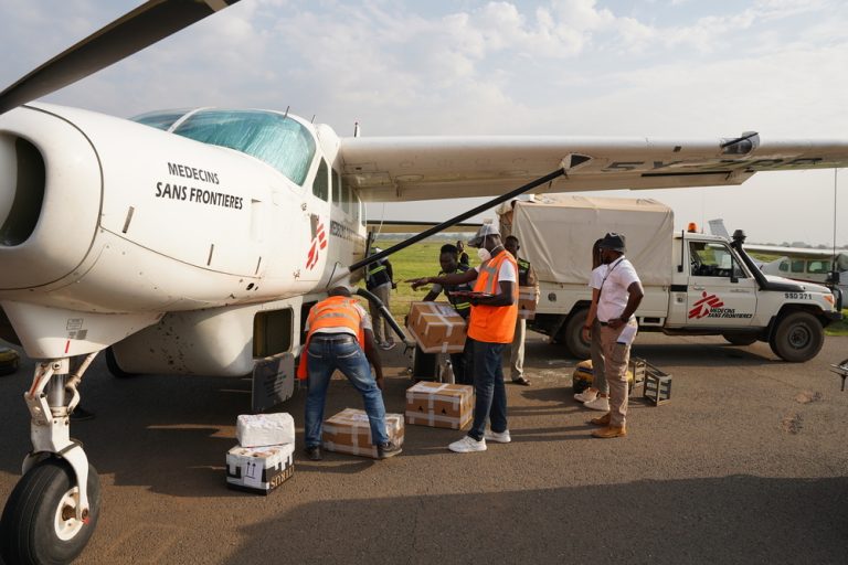 MSF staff load boxes containing hepatitis E vaccines into an MSF plane at Juba International Airport. The vaccines are being sent to Fangak County, Jonglei State.