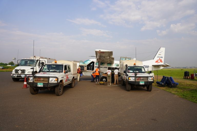 MSF vehicles and planes are parked at Juba International Airport while hepatitis E vaccines are being sent to Fangak County, Jonglei State.