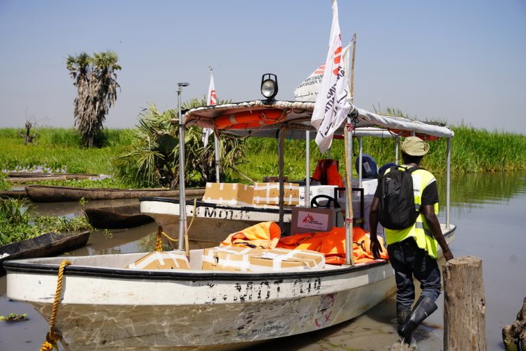 An MSF speed boat docked in Toch has been loaded with boxes of hepatitis E vaccines to be transported to the MSF hospital in Old Fangak, Jonglei State.