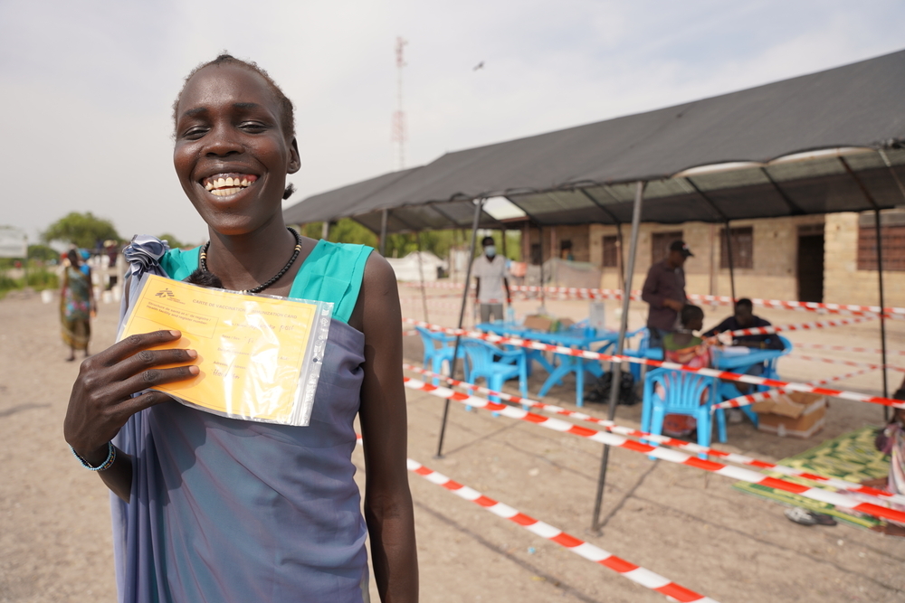 Nyapuoka Puot Rial, 27, just received her first dose of the hepatitis E vaccine at Hai Matar, Jonglei State. She is three months pregnant and came for the vaccination “to boost [her] immunity against the hepatitis E virus”.