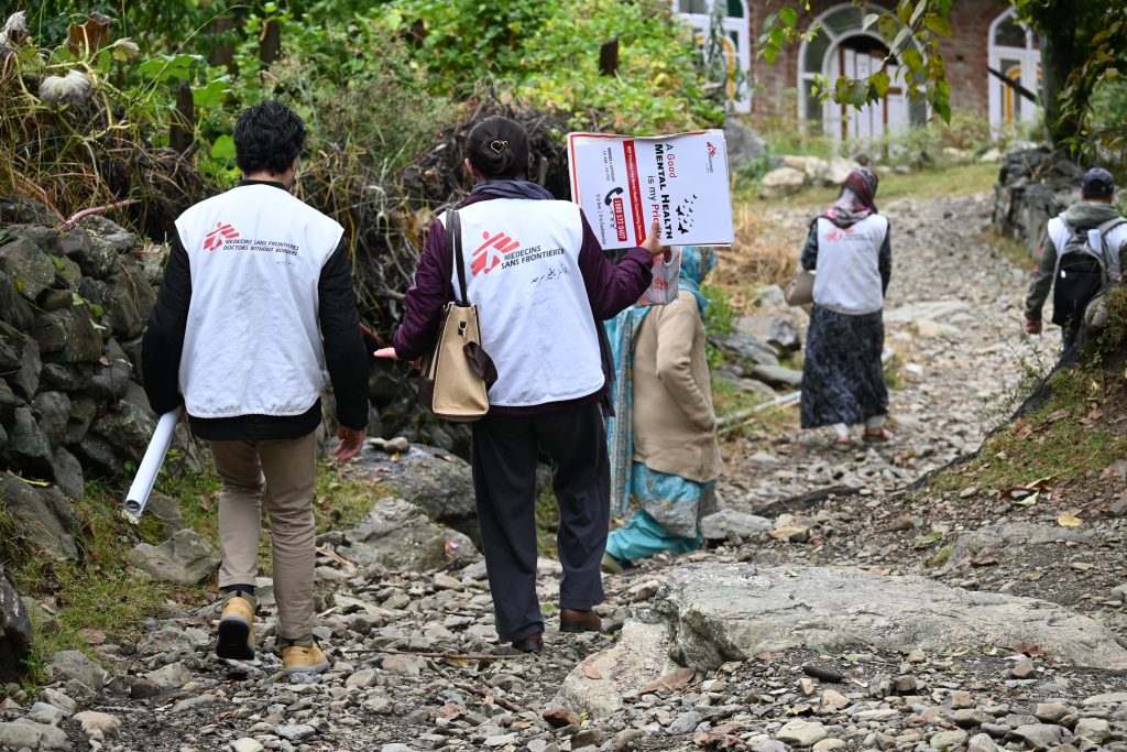 Doctors Without Borders/Médecins Sans Frontières (MSF) team in Kashmir is on the way to conduct a session at Government Upper Primary School Zeisbal Lam to discuss mental health, recognize signs, and spread awareness.