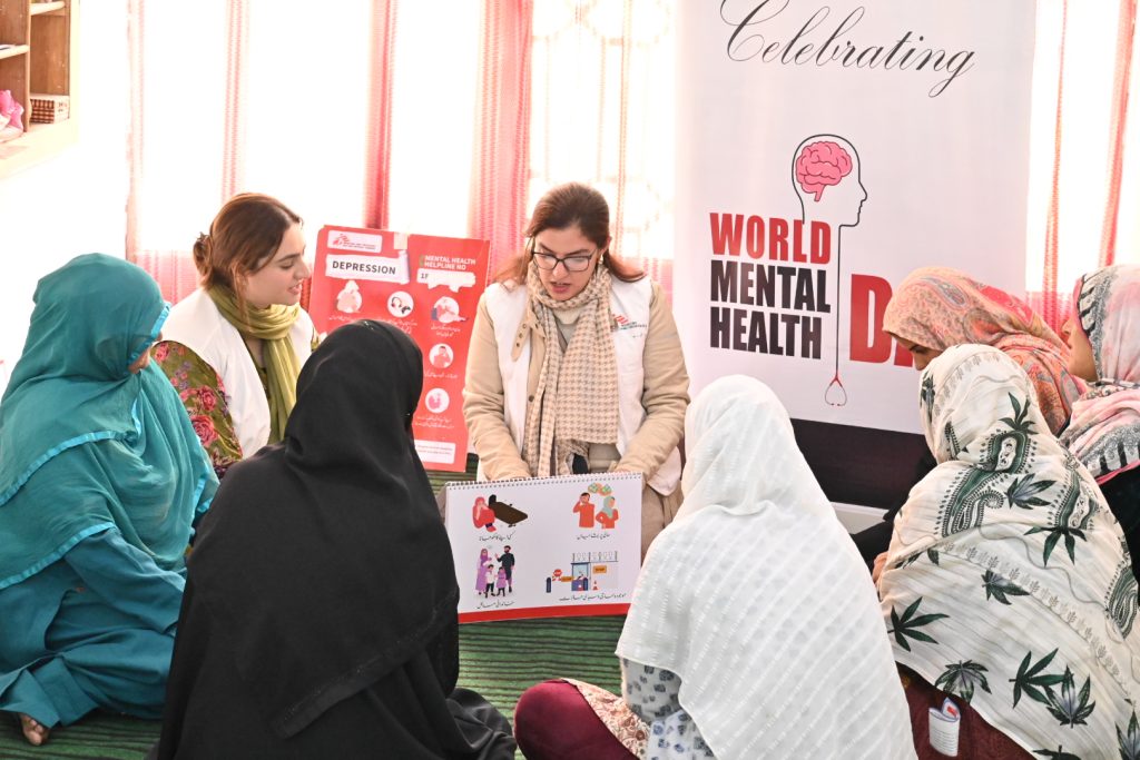 Doctors Without Borders/Médecins Sans Frontières (MSF) facilitators conduct a mental health awareness session at the ICDS Centre, Chopan Mohalla, focusing on stress management and mental well-being for women navigating economic and social challenges.