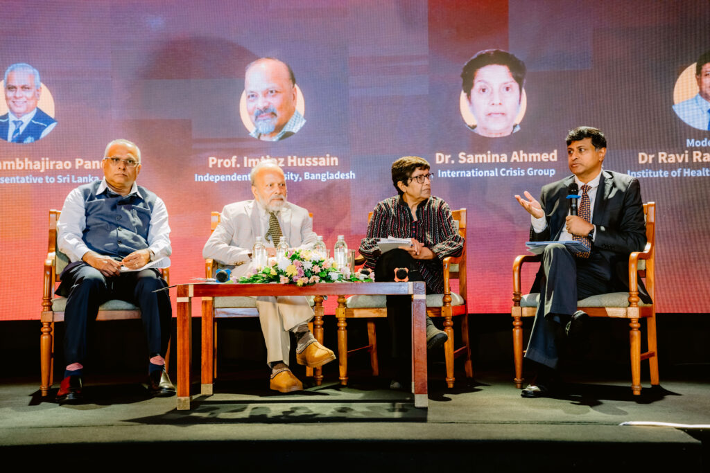 Dr Rajesh Sambhajirao Pandav, Prof. Imtiaz Hussein, and Dr Samina Ahmed, joined in discussion, moderated by Dr Ravi Rannan-Eliya, on the regional and global forces shaping humanitarian and health systems.