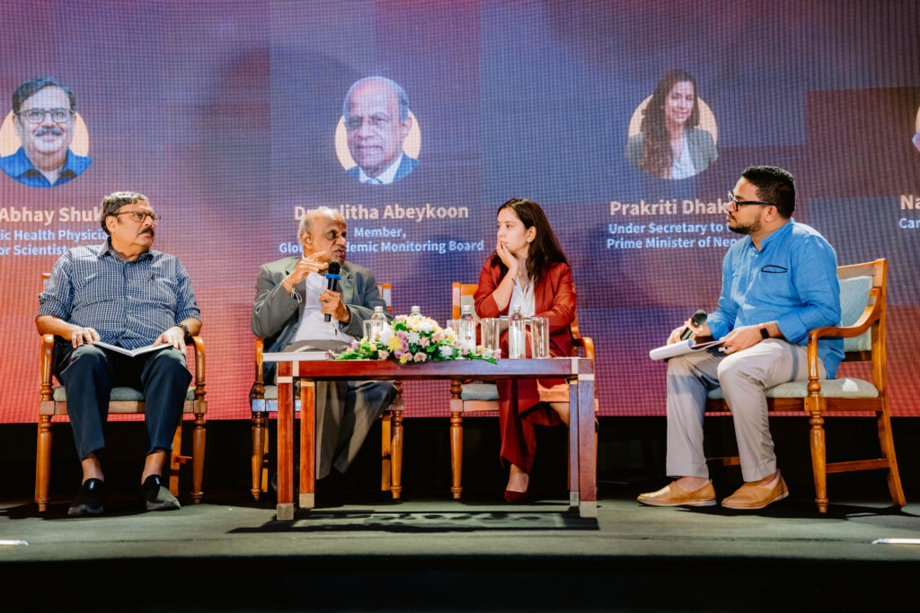 Dr Abhay Shukla, Dr Palitha Abeykoon, and Prakriti Dhakal, moderated by Nadim Majeed, to discuss access, equity, and sovereignty in health systems. The overarching message was that healthcare is a fundamental right, not an act of charity.